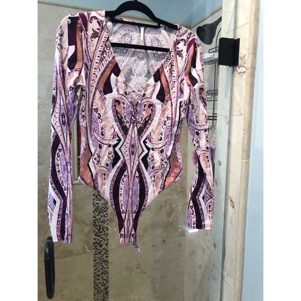 Free People Pick A Place Lace Up Paisley Thong Bodysuit Multi M